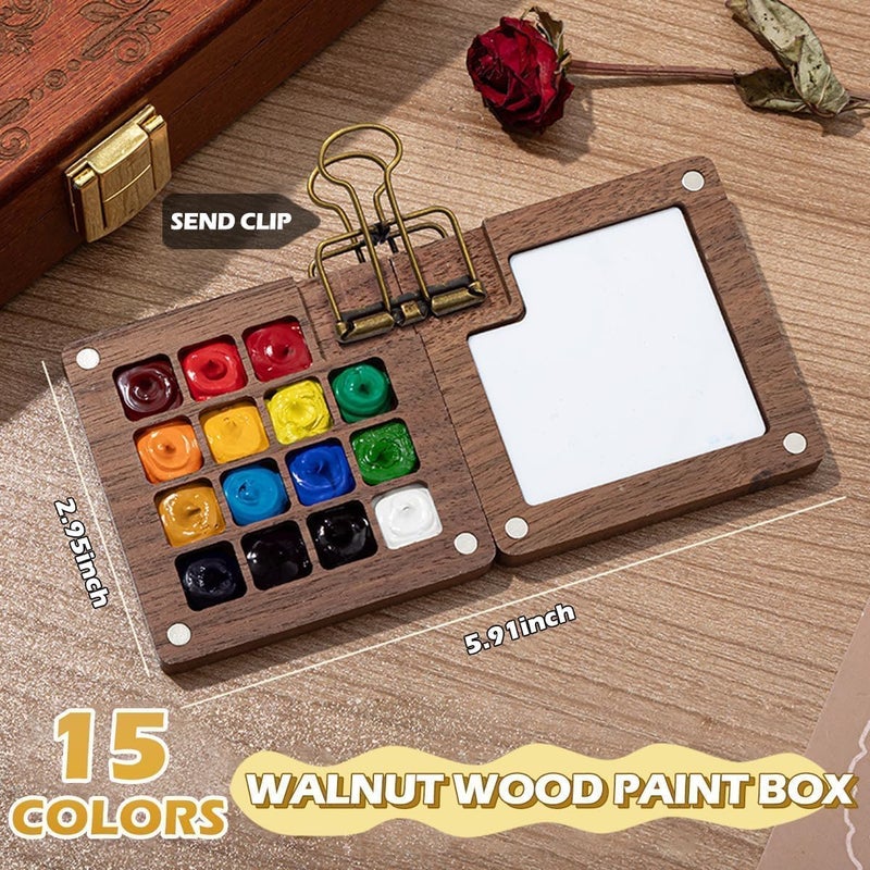 Anna's Watercolor Kit, New Mini Watercolor Set with Picture Book, Travel Water Color Set with 24 Color Paints, Wooden Grid Paint Box for Painters Artists Students (Walnu -15 Grids) - Image 4